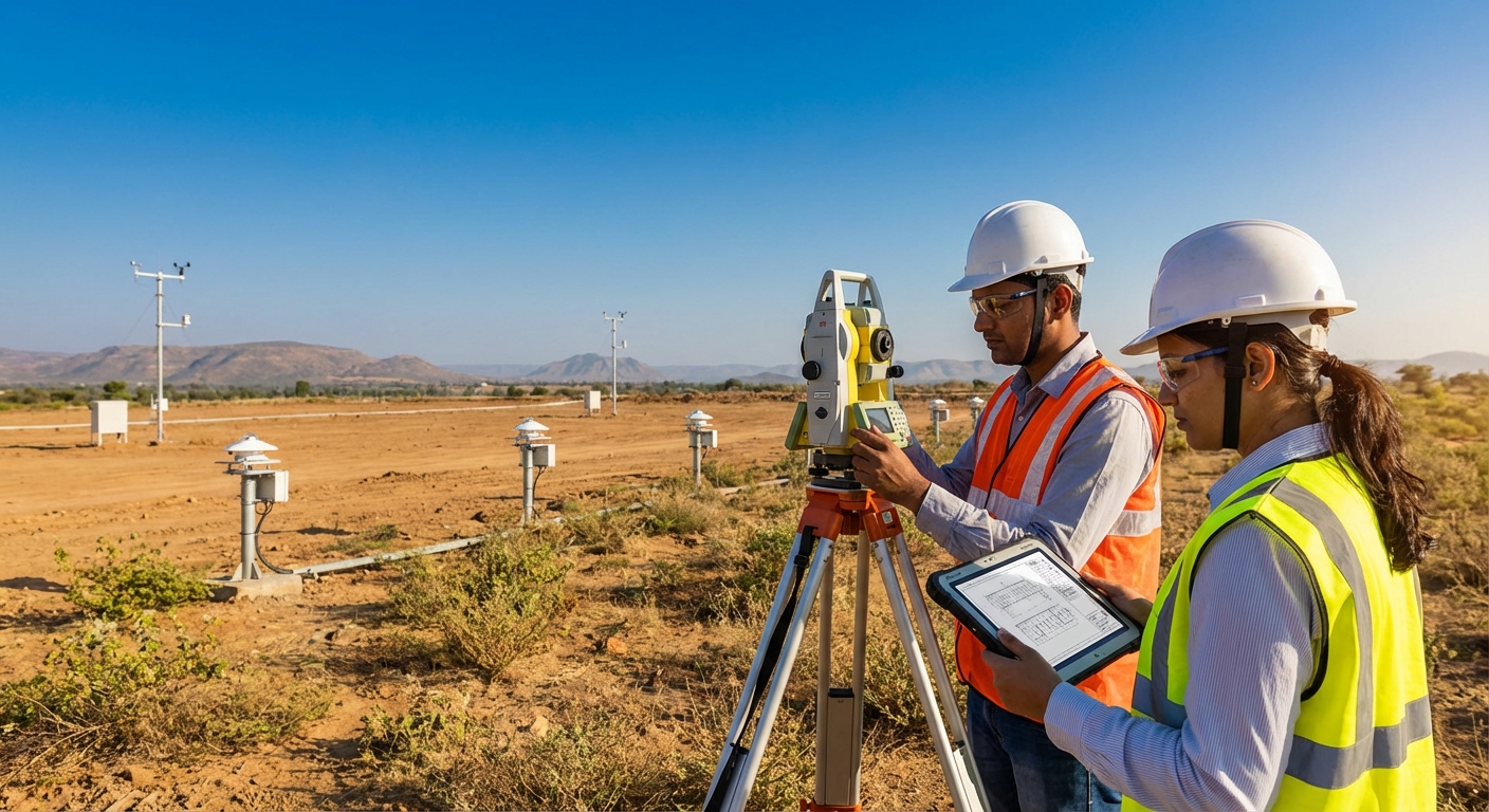 Solar engineers conducting feasibility study and site assessment for MW-scale solar project in India