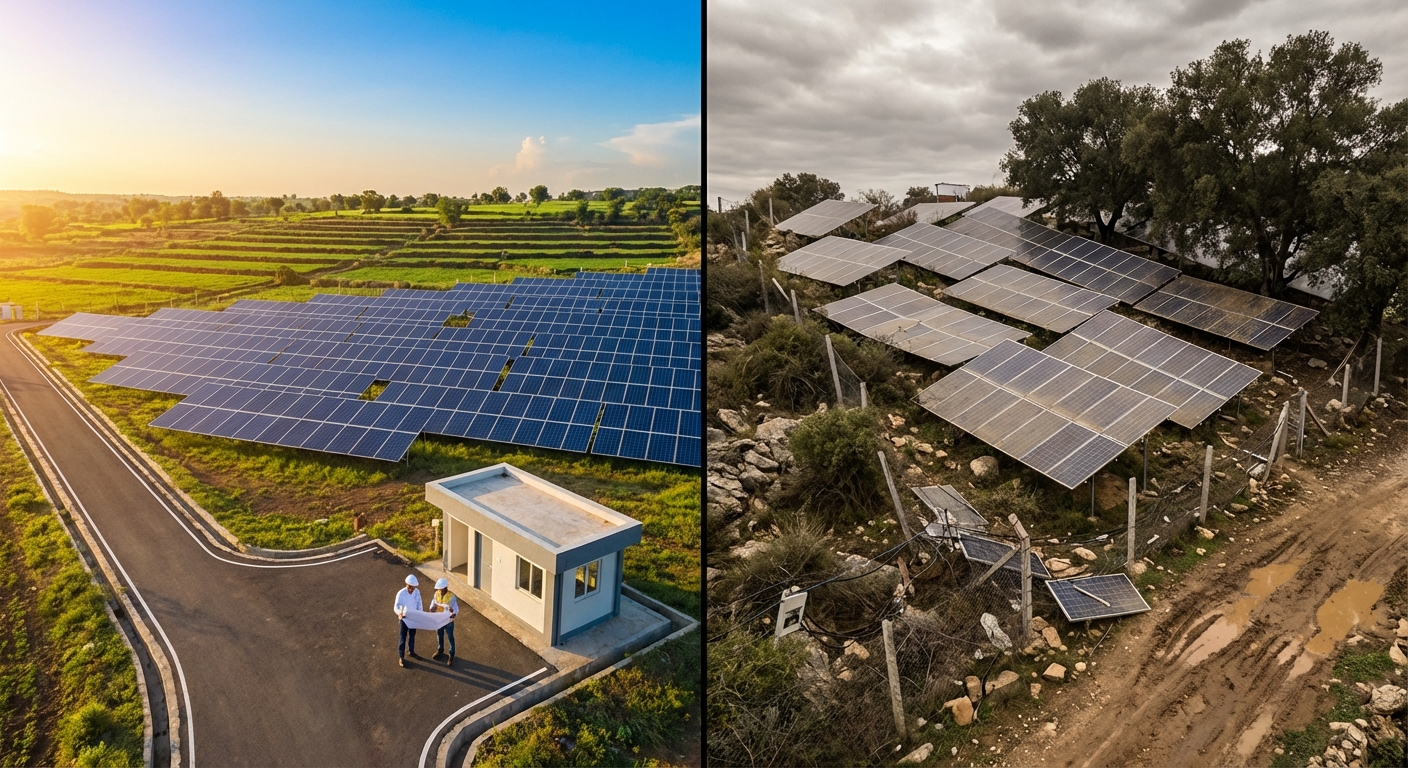 Comparison of well-planned versus poorly-planned solar projects showing importance of thorough feasibility studies