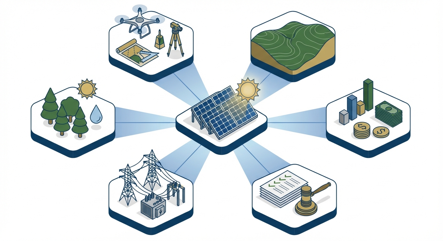 Comprehensive solar feasibility study components including technical, environmental, financial, and regulatory assessments