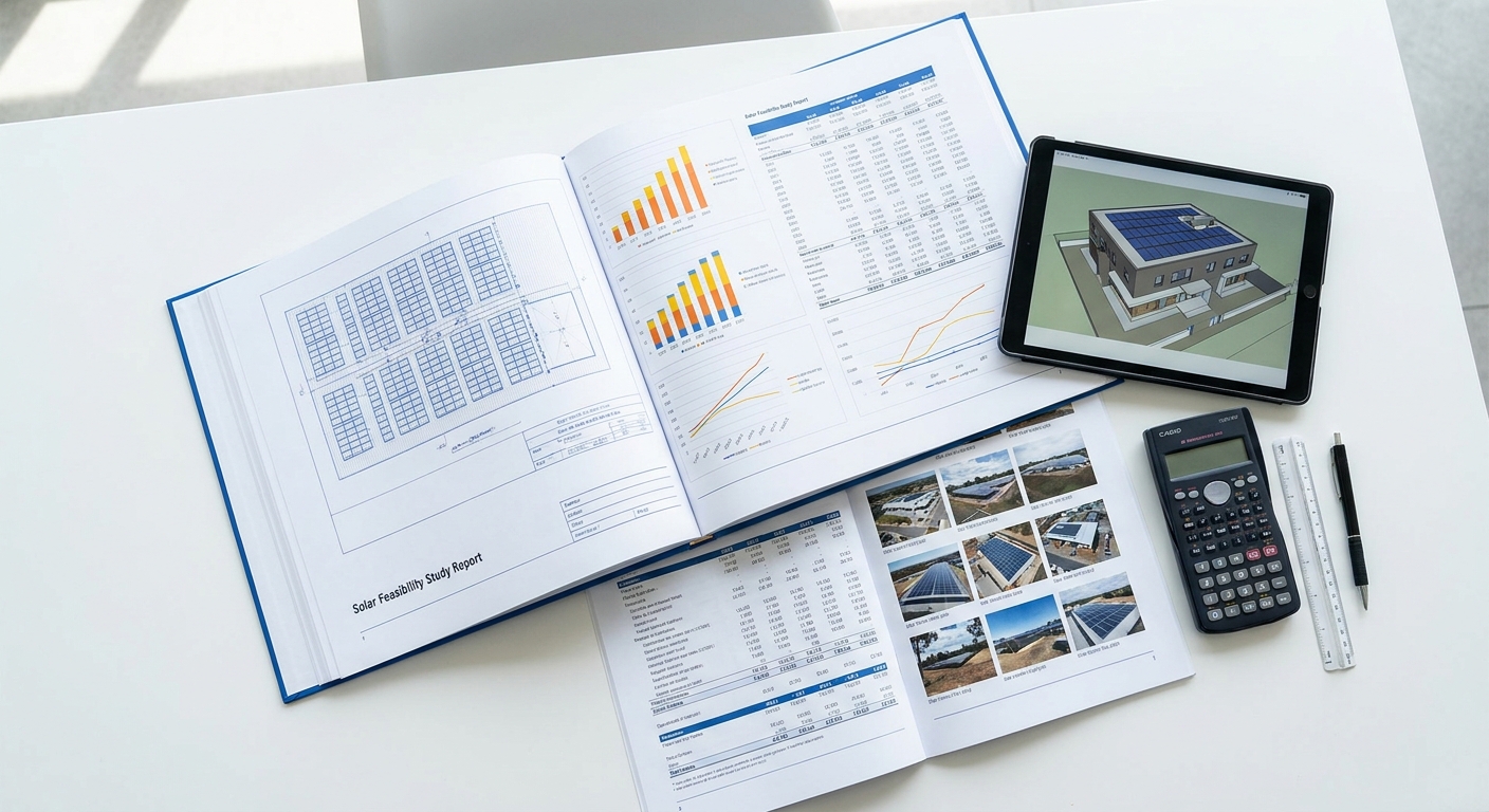 Professional solar feasibility study report documents with technical drawings and financial analysis