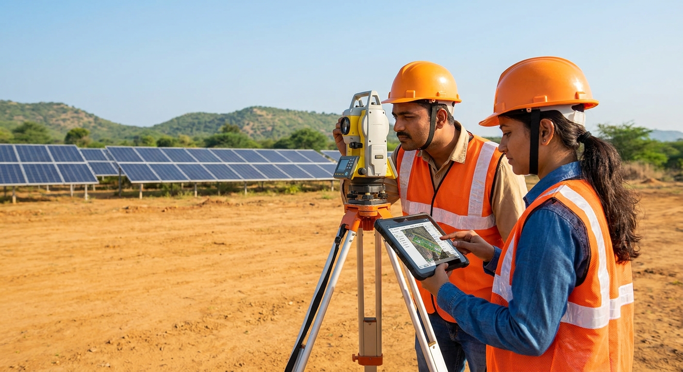Solar engineers conducting feasibility study site assessment in India