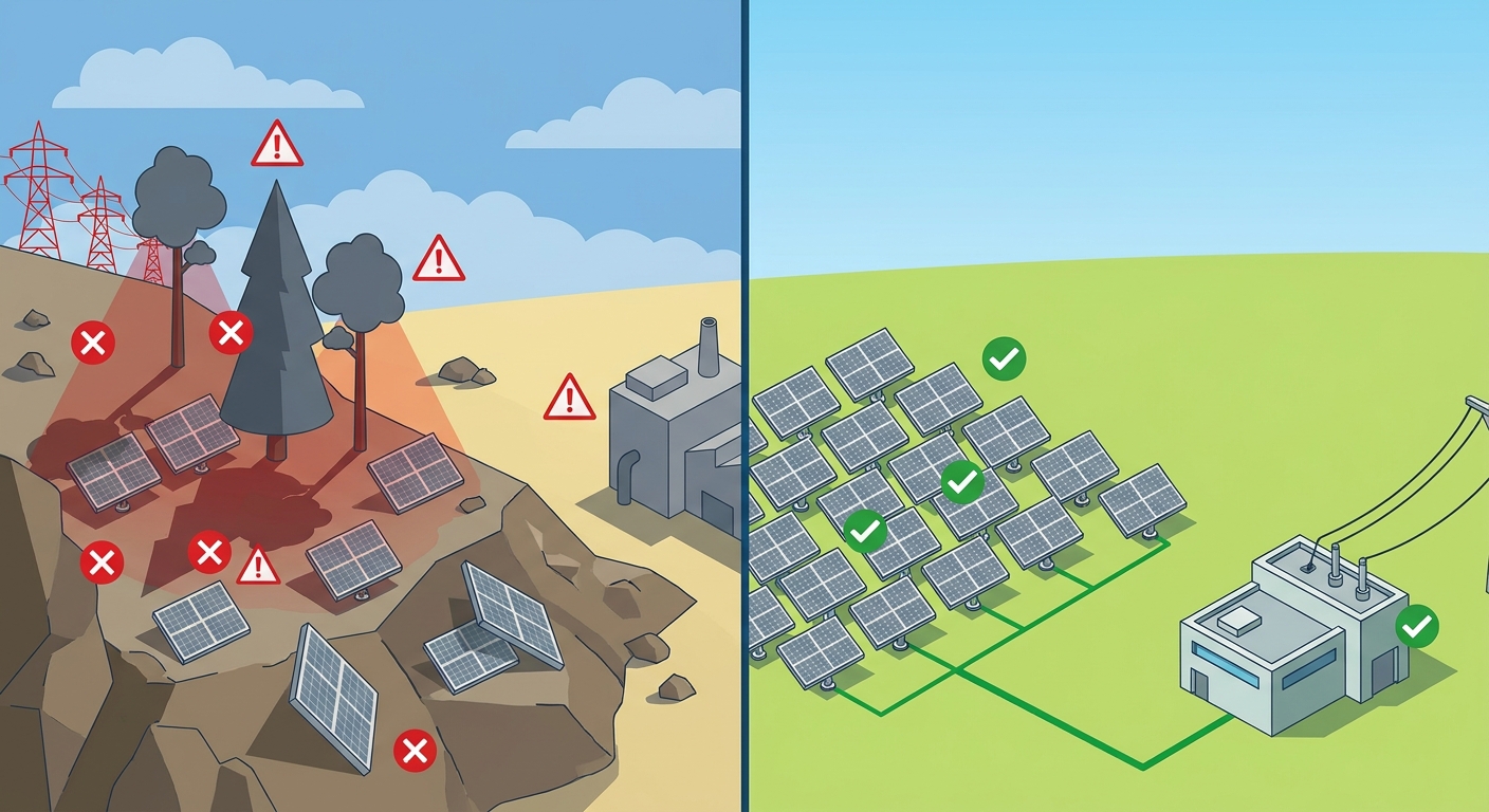 Comparison showing solar site issues identified during feasibility study versus optimized installation