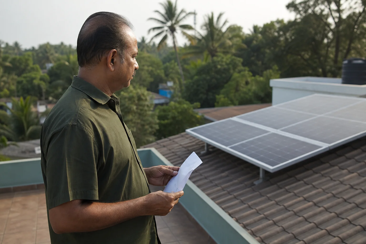Homeowner reviewing electricity bill next to rooftop solar panels, illustrating undersized system mismatch. Photorealistic photo of a Kerala homeowner standing on a tiled rooftop, holding a paper electricity bill and looking thoughtfully at