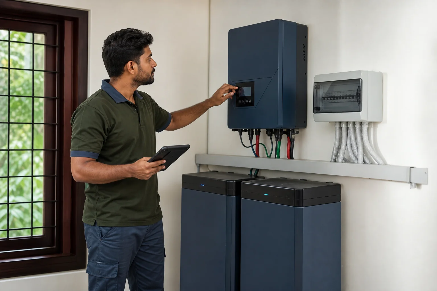 Technician inspecting a hybrid solar inverter and battery setup inside a home utility room. Photorealistic photo of a solar technician in a branded uniform inspecting a wall-mounted hybrid solar inverter and battery bank inside a clean home