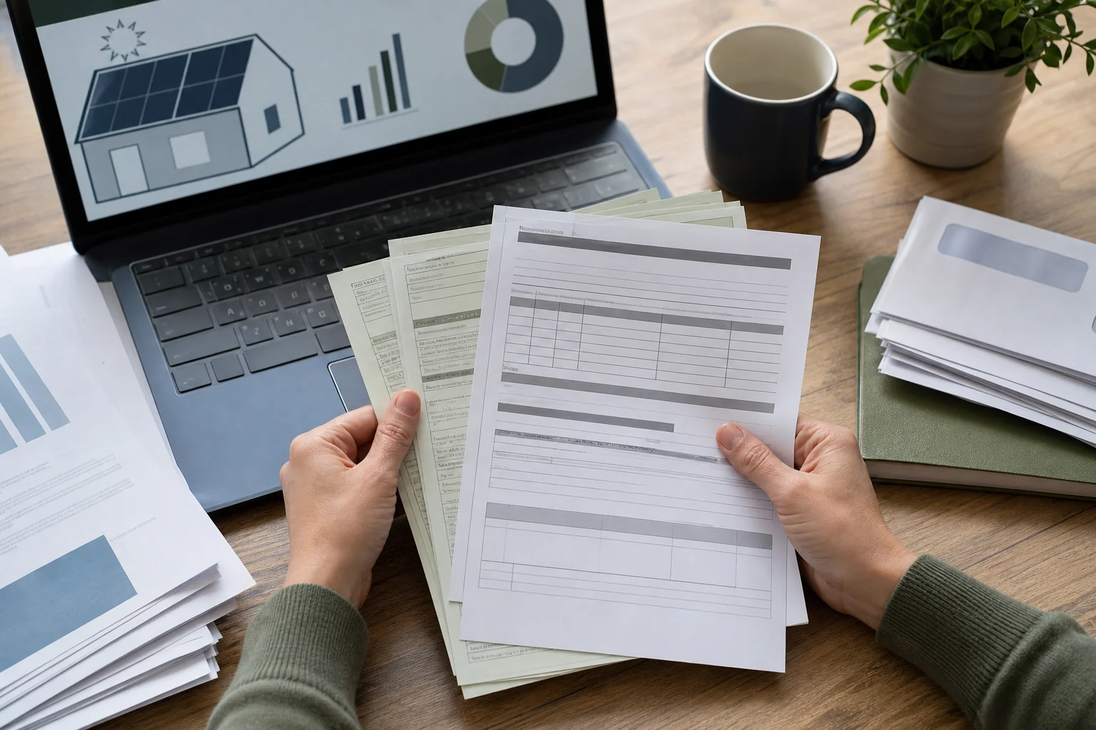 Close-up of paperwork and forms related to subsidy and net-metering application being reviewed. photorealistic photo of hands sorting through government subsidy application forms and utility paperwork on a desk, a laptop showing a solar