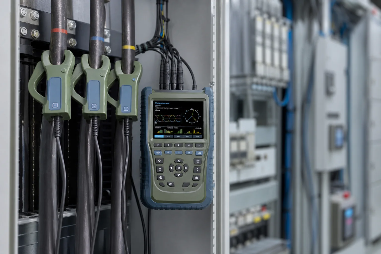 Close-up of a data logger clamped onto commercial electrical cables recording load profile. Photorealistic close-up photo: a power quality data logger with clamp meters attached to thick electrical cables inside a commercial switchboard