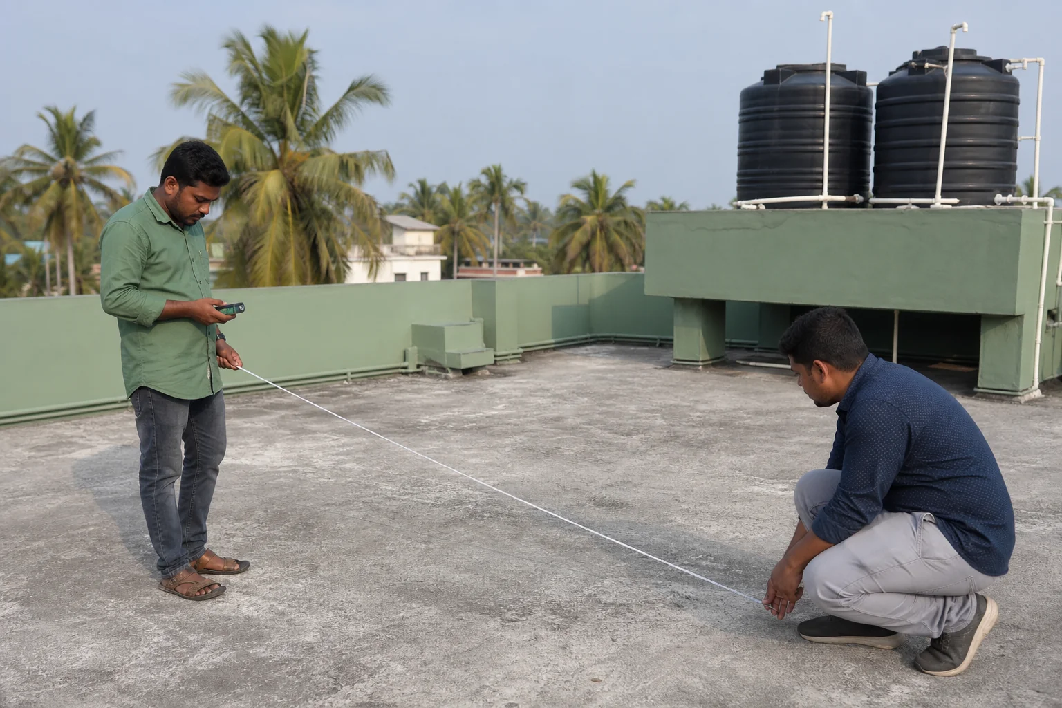 Technician on a commercial flat rooftop measuring shading and roof space for solar panel layout. Photorealistic photo: two technicians on a flat commercial rooftop in Kerala measuring roof dimensions with a tape measure and laser distance