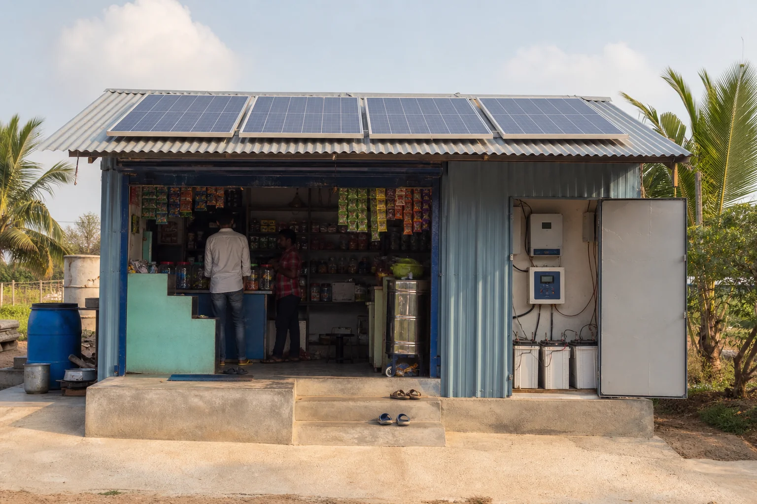A small shop running purely on solar with battery bank, no grid connection. photorealistic photo of a small roadside shop in South India with solar panels on its tin roof and a visible battery bank and charge controller inside near the