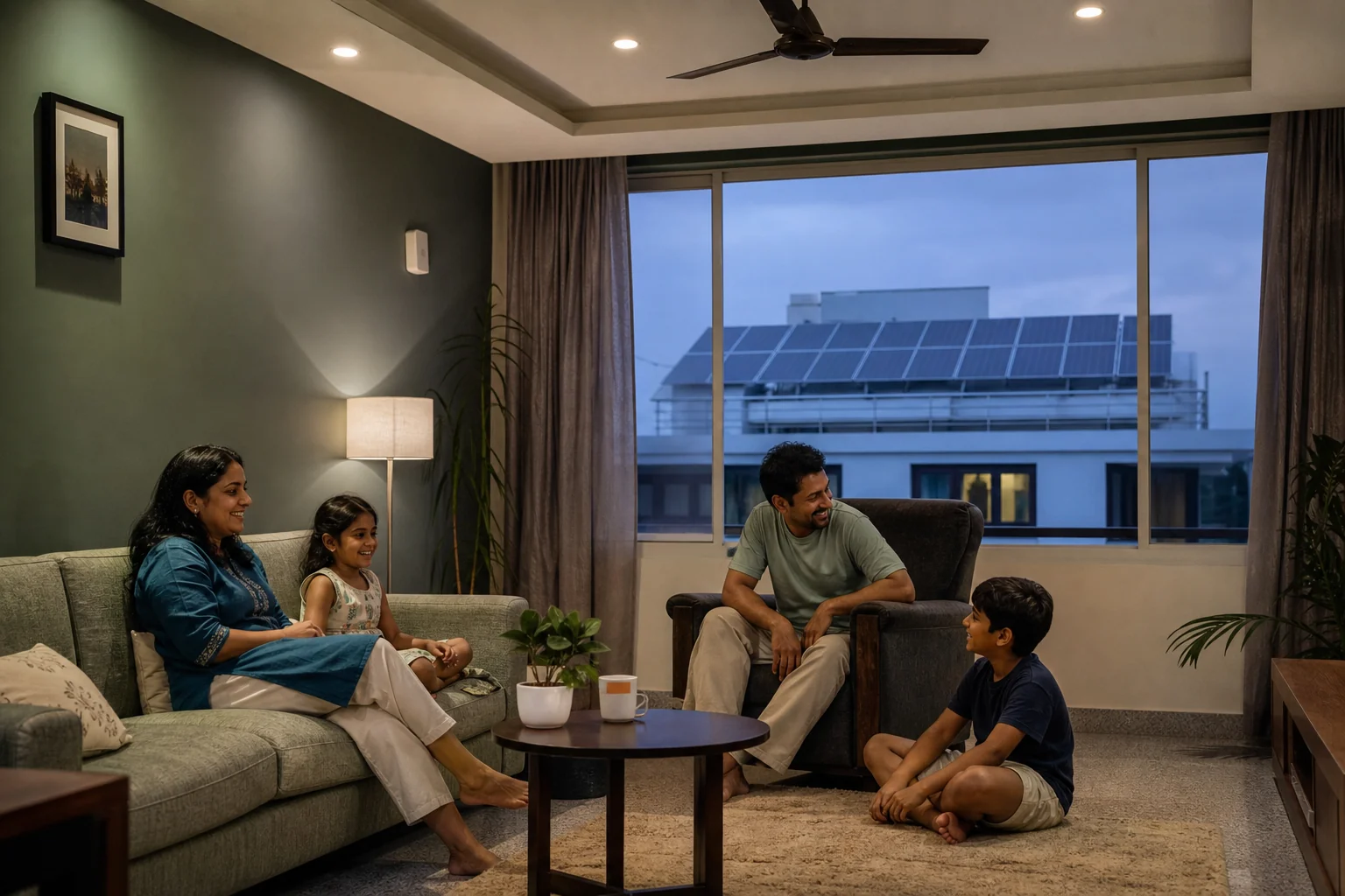 Family in a Kerala living room with lights on during evening, solar powered. photorealistic photo of a South Indian family relaxing in a well-lit living room in the evening with ceiling fan and lights on, large window showing solar panels