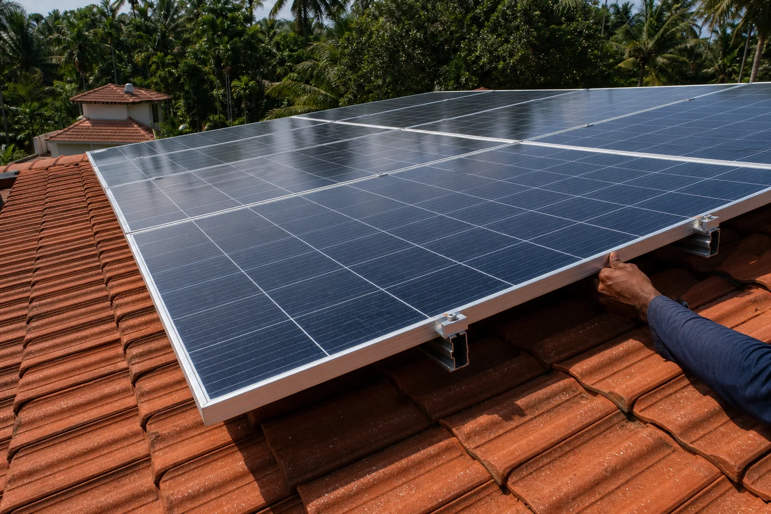 Close-up of solar panels being counted/arranged on a rooftop installation. Photorealistic close-up photograph of a row of dark blue monocrystalline solar panels mounted on a red-tiled Kerala rooftop under bright sunlight, clean aluminum