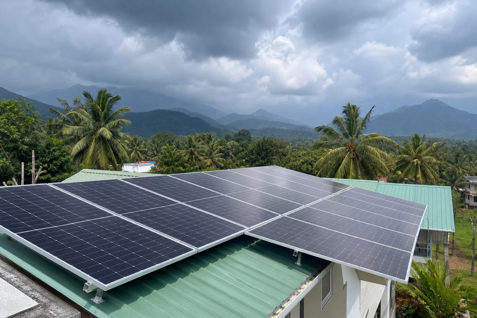A Kerala rooftop solar installation with tropical palm trees and monsoon clouds in background showing local climate context. Photorealistic wide-angle photo of a residential rooftop solar panel array in Kerala, India, with coconut palm