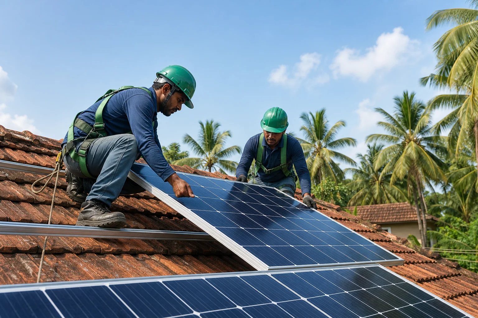 Solar installation crew mounting panels on a sloped Kerala rooftop. Photorealistic photo of two technicians in safety gear installing dark blue monocrystalline solar panels on a sloped clay-tiled Kerala rooftop, clear tropical sky, coconut
