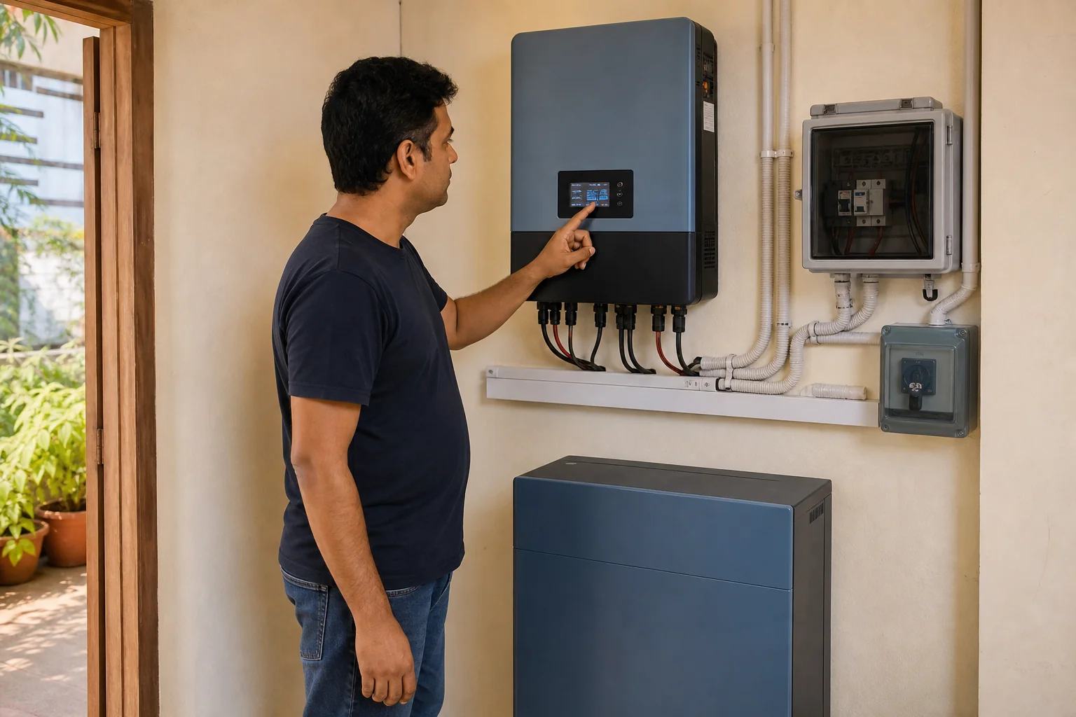 Indoor hybrid inverter and battery setup with a homeowner checking a monitoring display. Photorealistic photo of a clean utility room in an Indian home showing a wall-mounted hybrid solar inverter and a lithium battery unit, a homeowner in