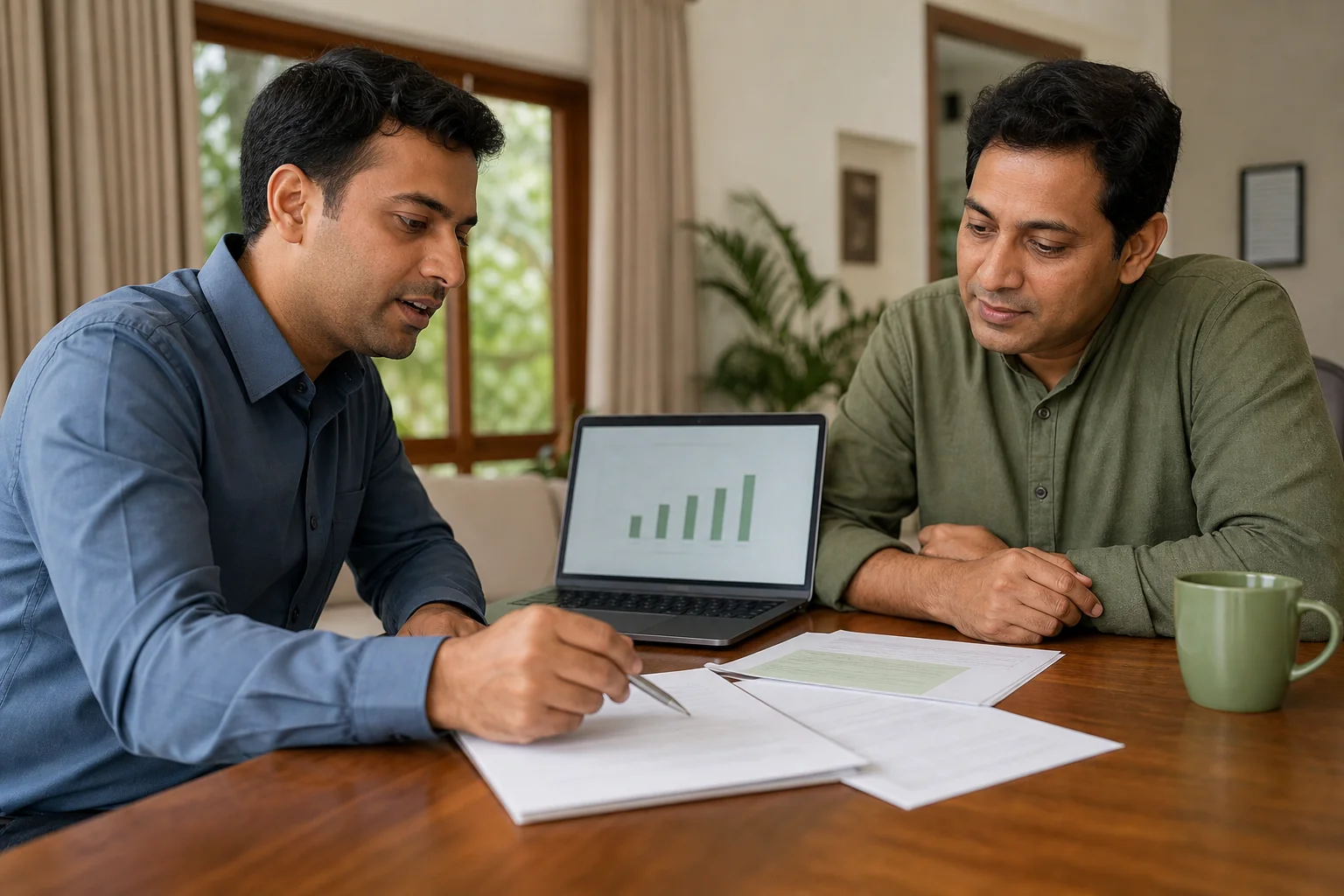 Close-up of a solar consultant reviewing paperwork and forms with a homeowner at a table, representing subsidy and net metering assistance. photorealistic photo of a solar consultant sitting at a table with an Indian homeowner, reviewing