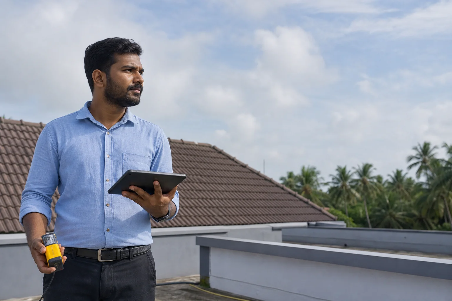 photorealistic photo of a solar engineer on a Kerala rooftop conducting a site survey, holding a measuring tool and a tablet device, clear sky with a few clouds, tiled rooftop and distant coconut palms, natural sunlight, muted green and