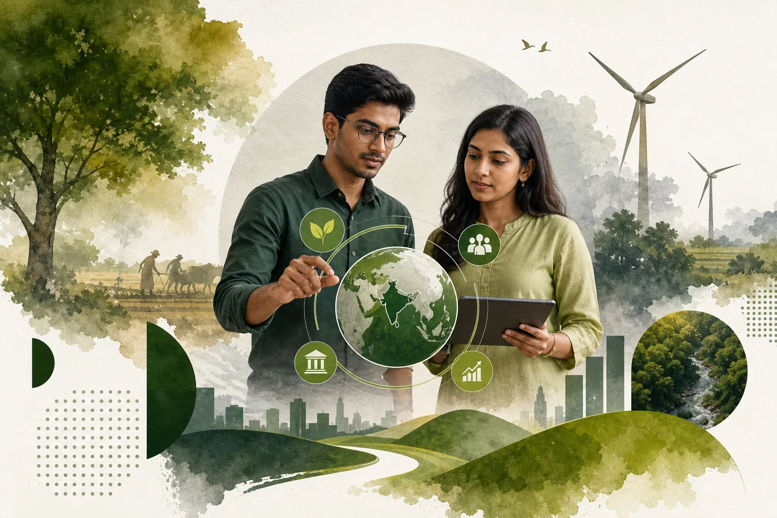 Corporate sustainability team reviewing carbon credit reporting dashboard with agricultural landscape visible through office window. Photorealistic photo of a corporate sustainability team of two people reviewing printed carbon reporting
