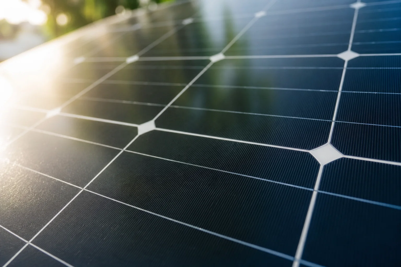 Close-up of solar panel cells showing texture and sunlight reflection. Photorealistic close-up macro shot of monocrystalline solar panel cells with visible grid lines, sunlight glinting off the dark blue-black surface, shallow depth of