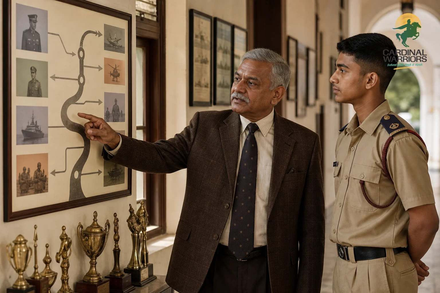A retired military instructor mentoring a cadet-student one-on-one about career pathways. Photorealistic photo of a senior Indian retired military officer in civilian formal clothing pointing to a career pathway chart on a wall while