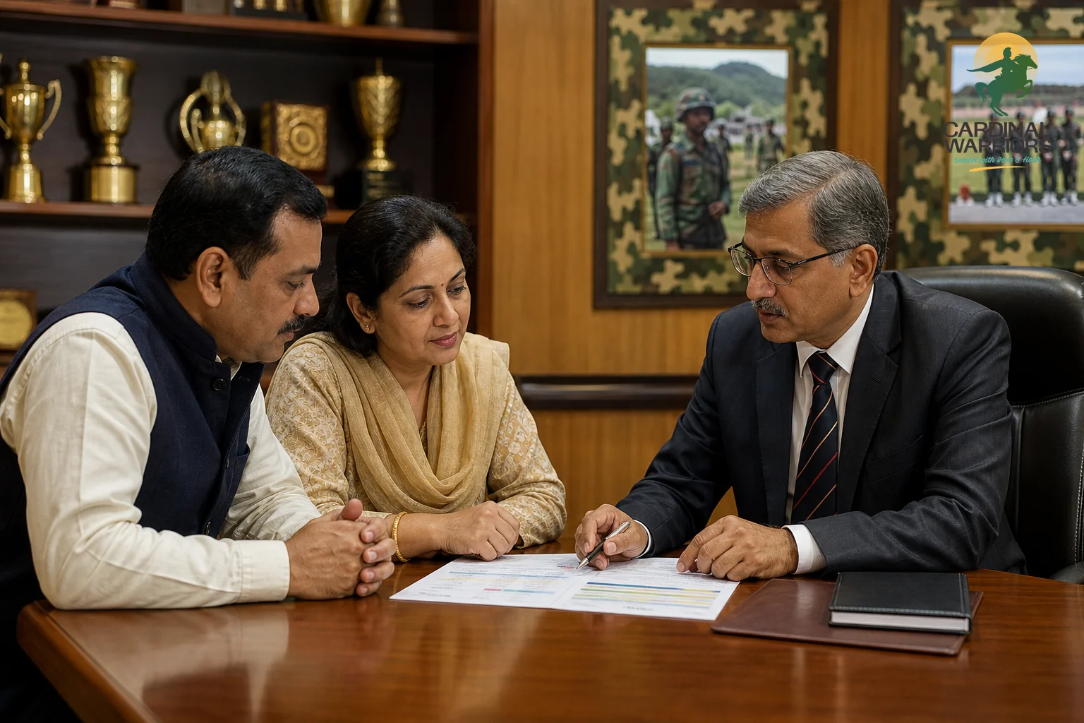 Parents in a consultation meeting with school staff discussing a child's assessment report. Photorealistic photo of Indian parents sitting with a school administrator reviewing a printed assessment report at a wooden desk, trophies and