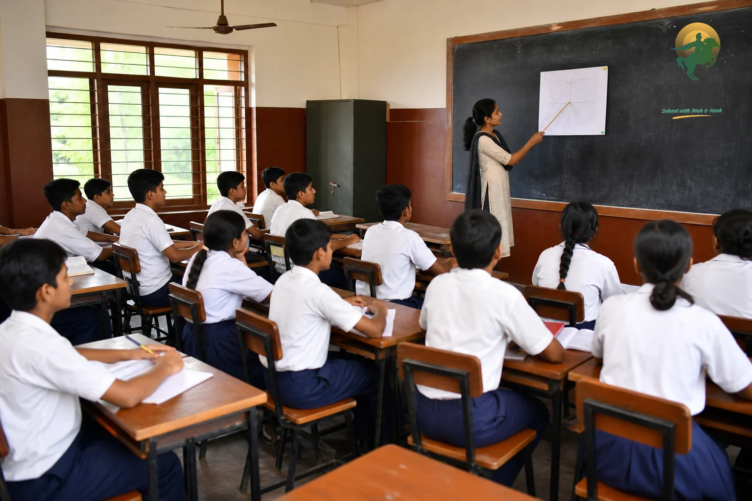 photorealistic photo of a bright CBSE-style classroom in an Indian residential school, students in uniform sitting attentively at wooden desks while a teacher points to a chart at the blackboard, natural light streaming through windows