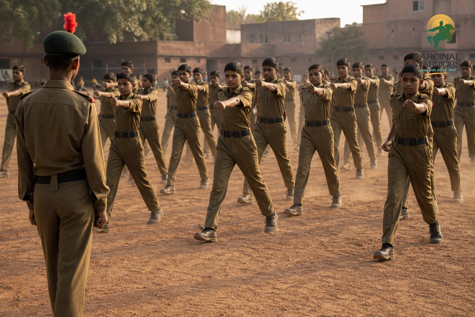 Cadets performing coordinated morning physical training or tactical drill on the campus ground. photorealistic photo of a group of Indian school cadets aged 10 to 15 in olive-brown military-style uniforms performing synchronized physical