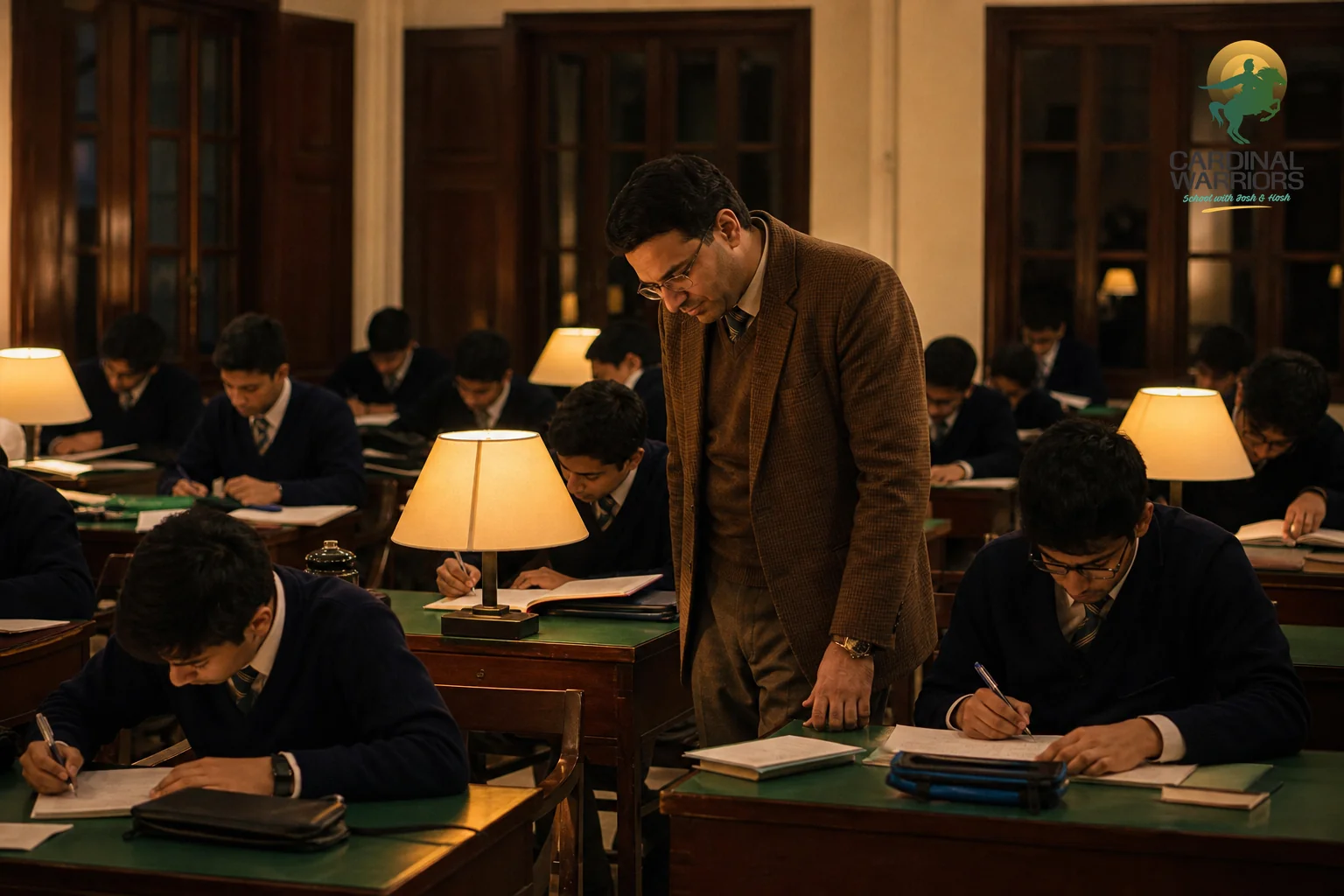 photorealistic indoor photo of a boarding school study hall in India in the evening, rows of young students in uniform seated at desks doing homework, a caring teacher in warm brown attire walking between rows checking their work, soft warm