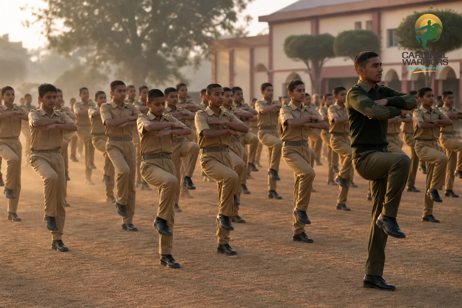 Cadets performing structured morning physical training or drill on campus, showing a fixed daily routine in action. photorealistic photo of school cadets in uniform performing synchronized morning physical training drills on an open ground
