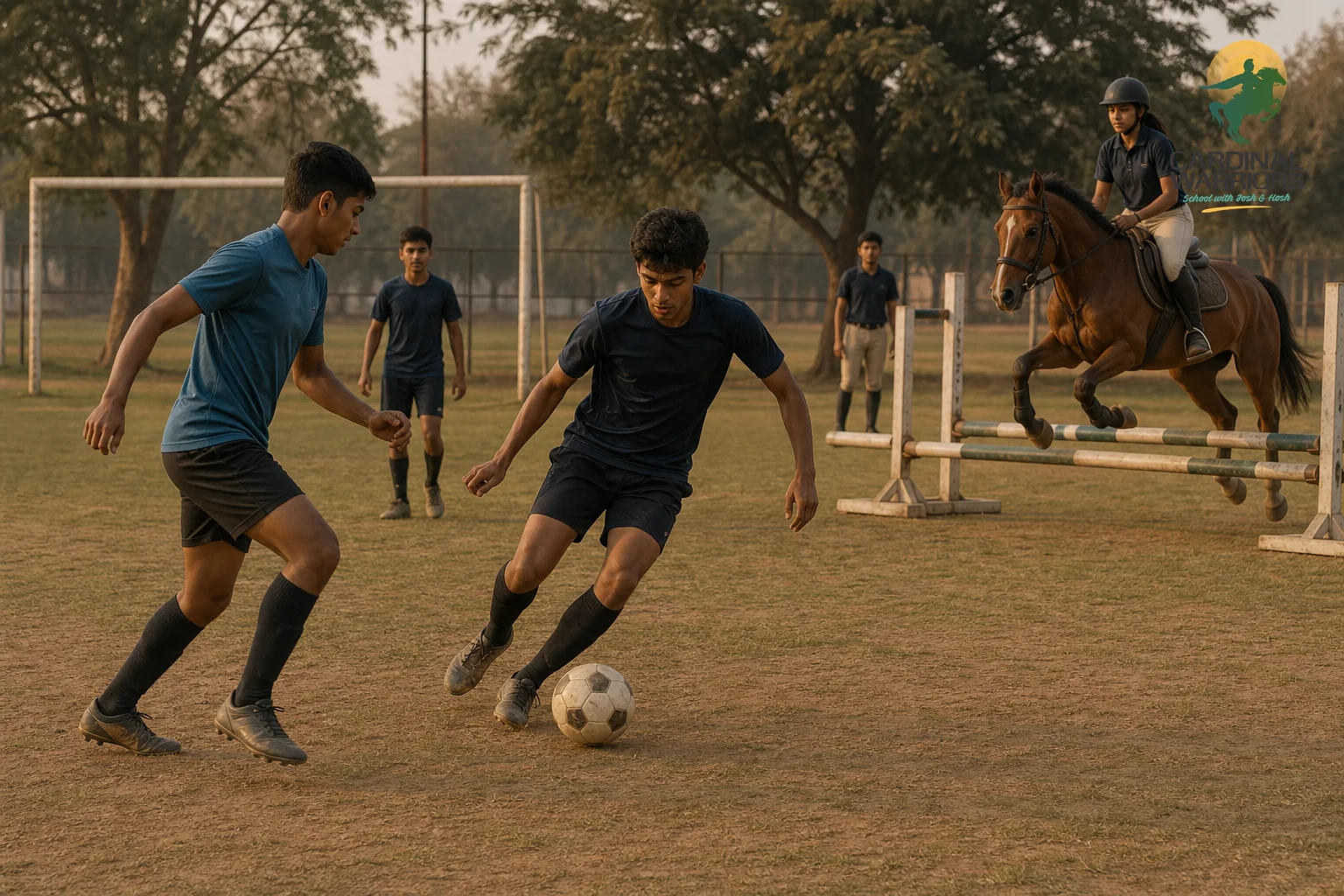 photorealistic photo of teenage students in sportswear playing football and practicing horse riding drills on a school sports field in India in late afternoon light, green field with warm brown dirt patches, visible discipline and teamwork