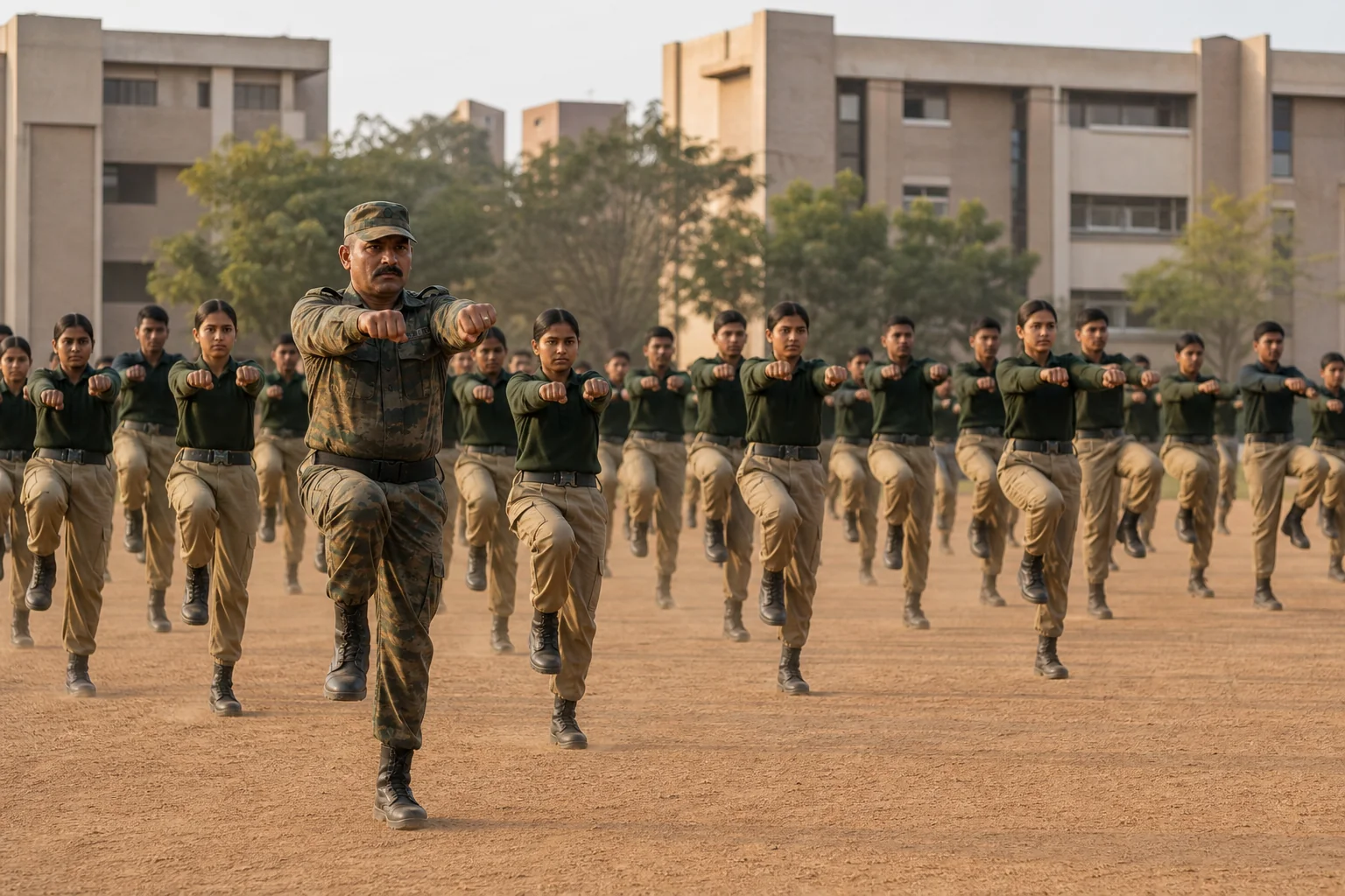 Cadets performing morning physical training drills at Cardinal Warriors military school campus in Raipur, Chhattisgarh