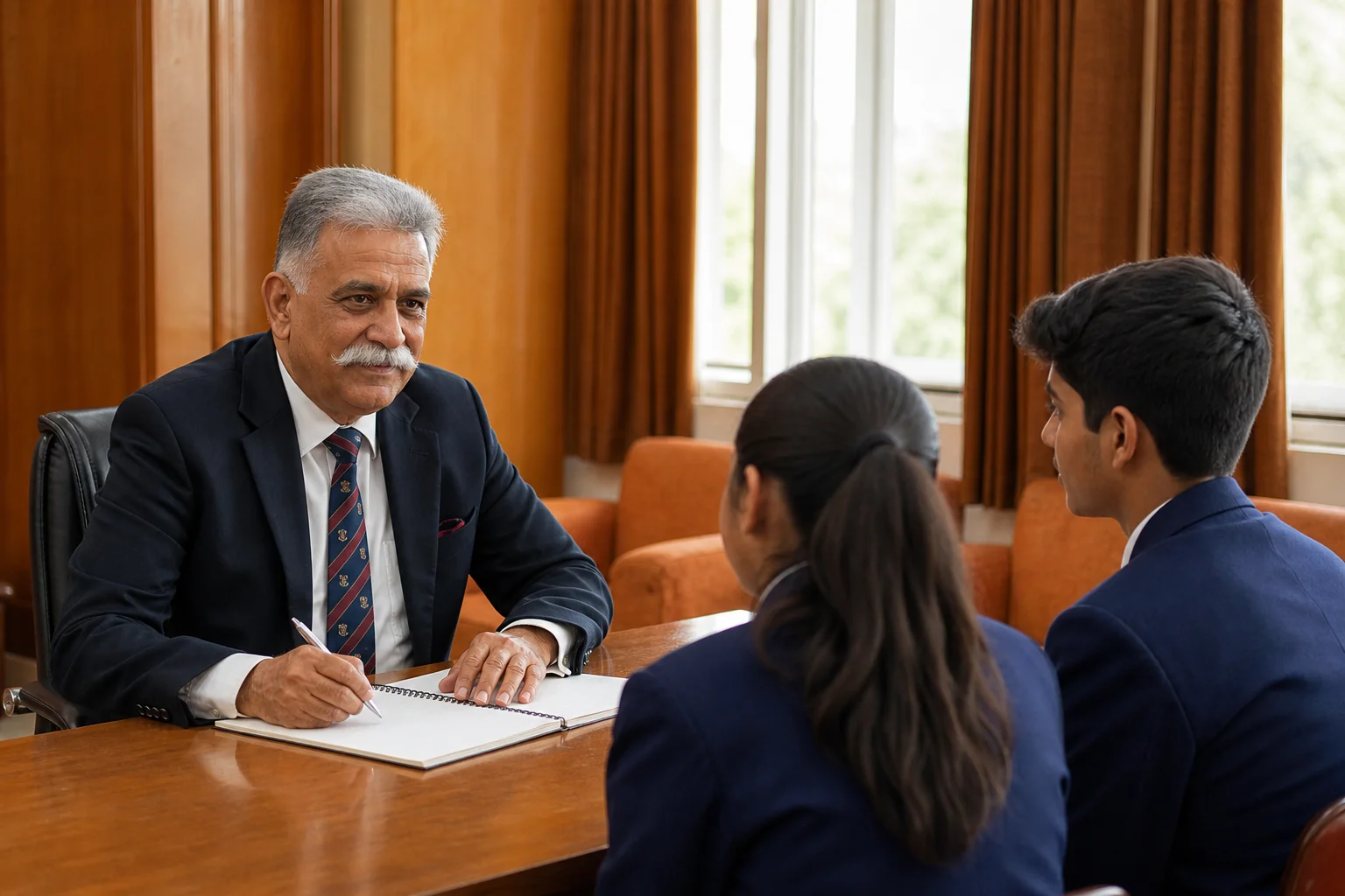 Retired army officer mentoring a student during a personal interview practice session at a coaching school in Raipur