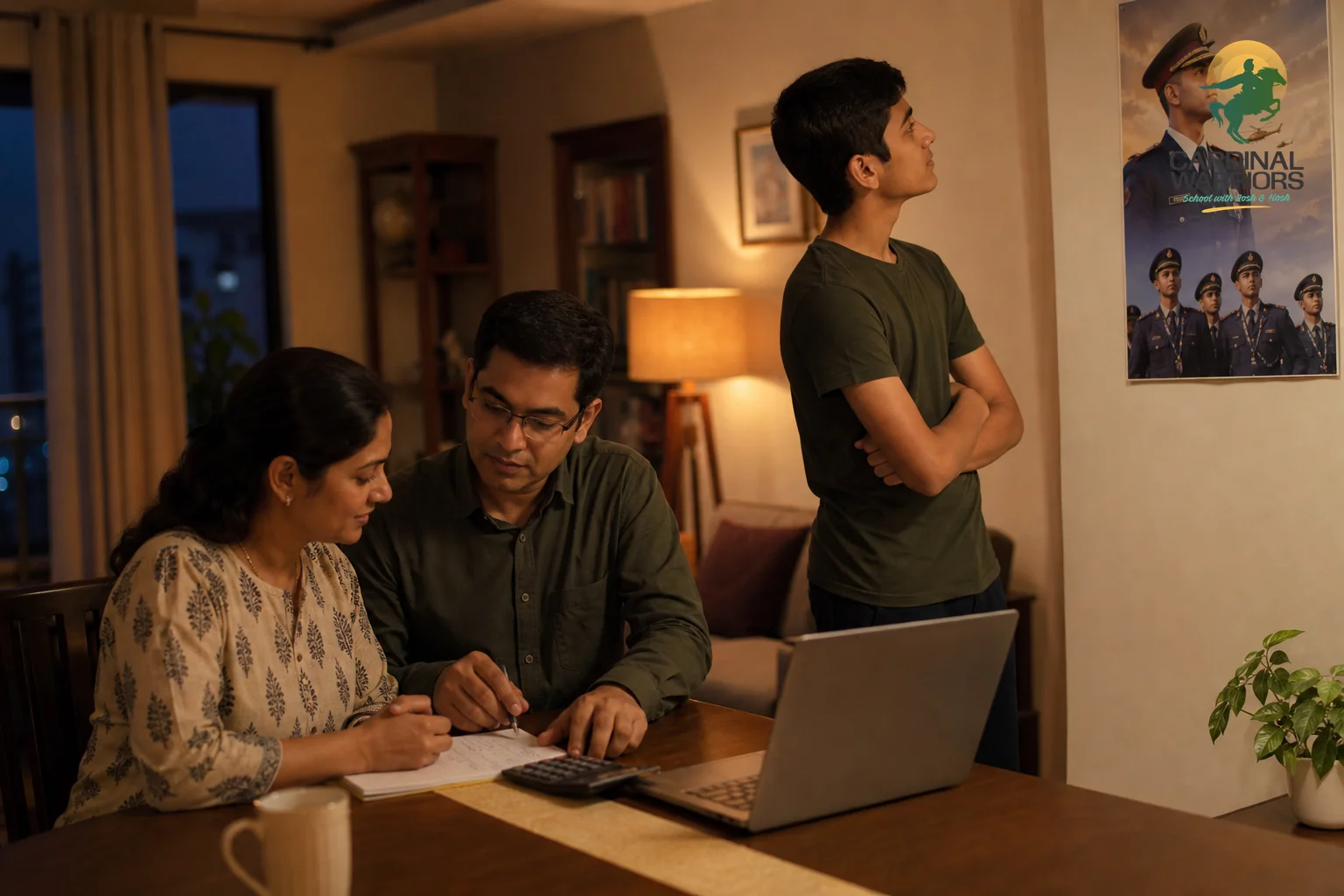 A family at home planning their child's education budget with a notebook and calculator, hopeful and organised mood. Photorealistic photo, soft indoor evening lighting: an Indian mother and father sitting together at their home dining table