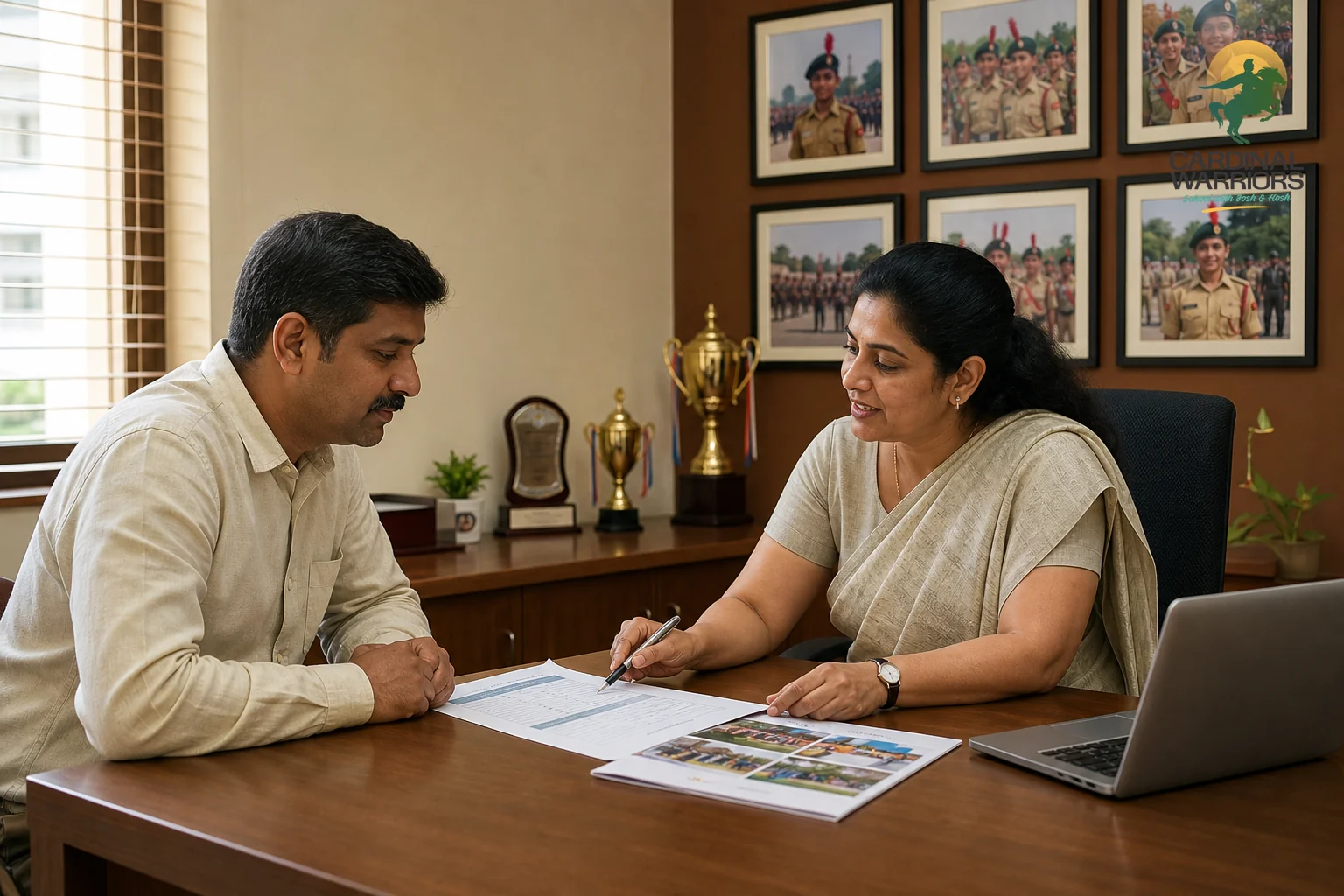 Parent reviewing school fee documents and admission brochures with an admissions counselor at a military school office. Photorealistic photo of an Indian parent sitting across a wooden desk from a school admissions counselor in a tidy