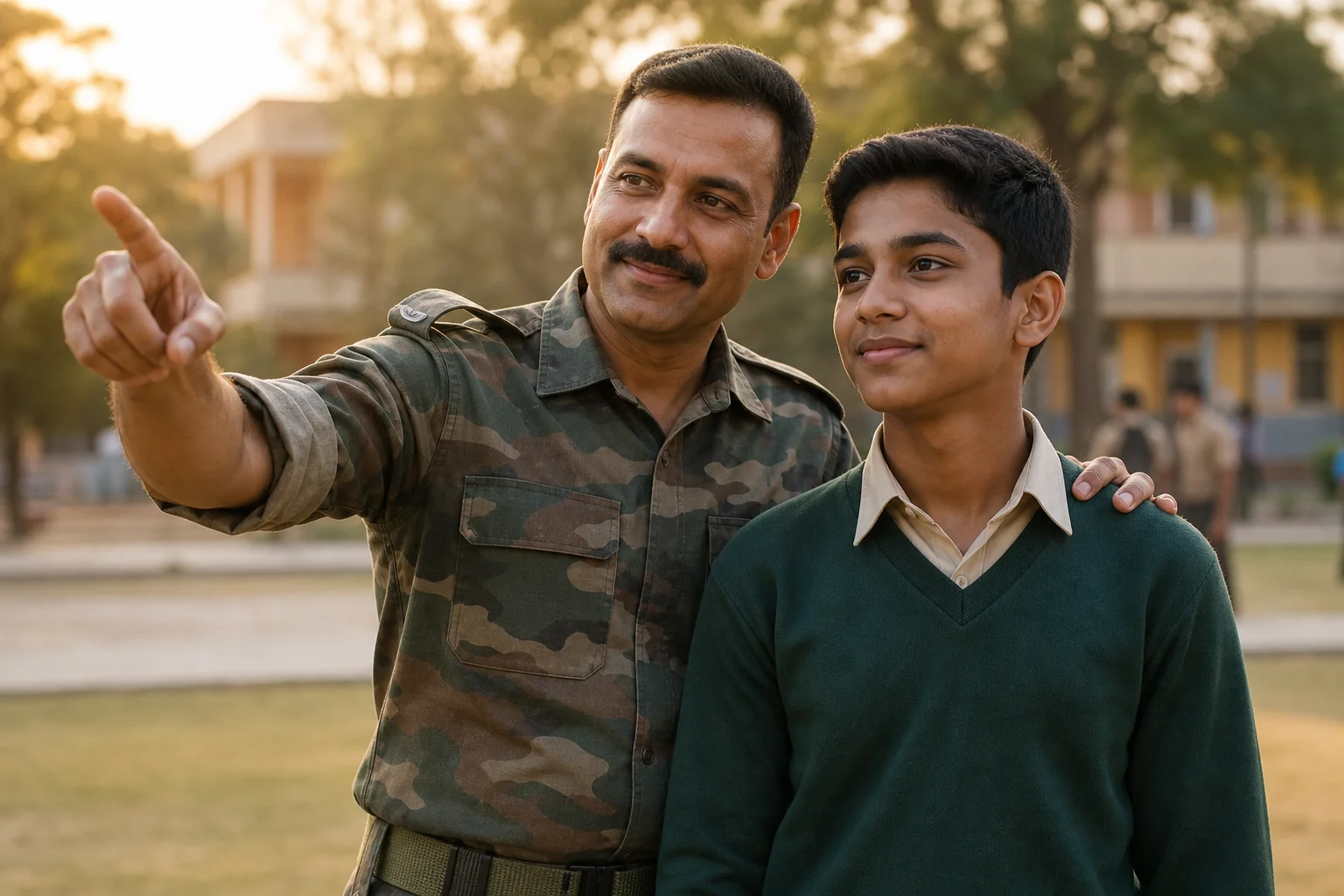 A mentor guiding a young student warmly on a military school campus, showing nurturing balance with discipline