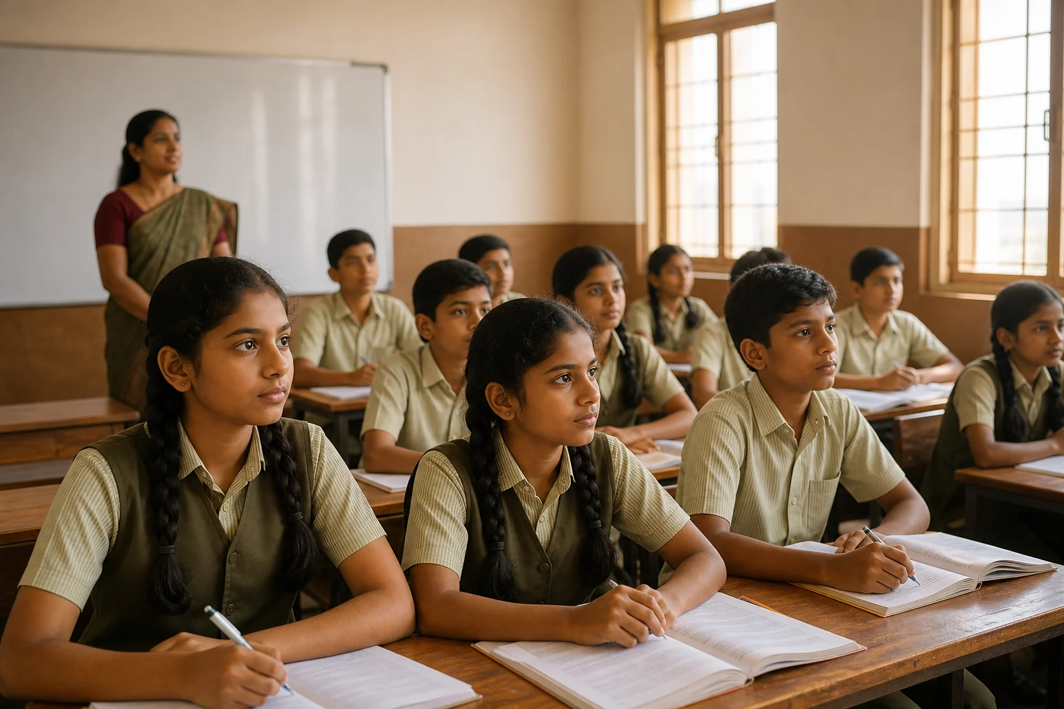 Indian students focused during class at a CBSE military school in Chhattisgarh