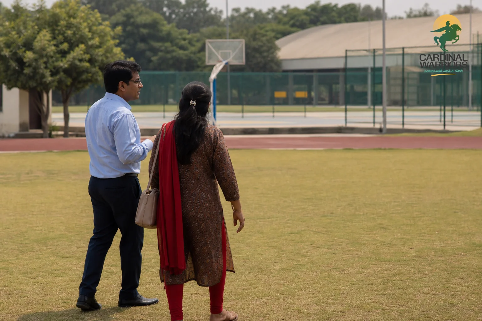 A parent touring the campus with an admissions staff member, observing sports facilities in the background. Photorealistic photo of a concerned parent walking alongside a school staff member across an open campus ground in India, both