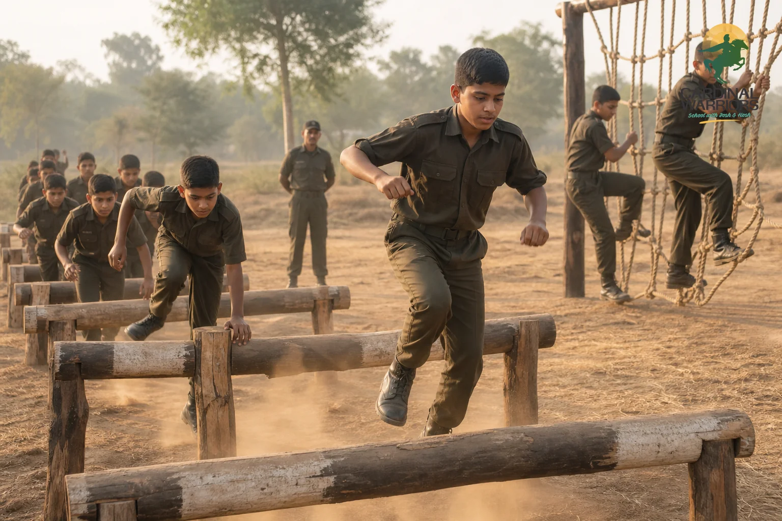 Cadets in uniform running an outdoor obstacle course in formation. Photorealistic photo of a group of school-age cadets in olive uniforms running through a wooden obstacle course and rope climb on an open campus field in rural India
