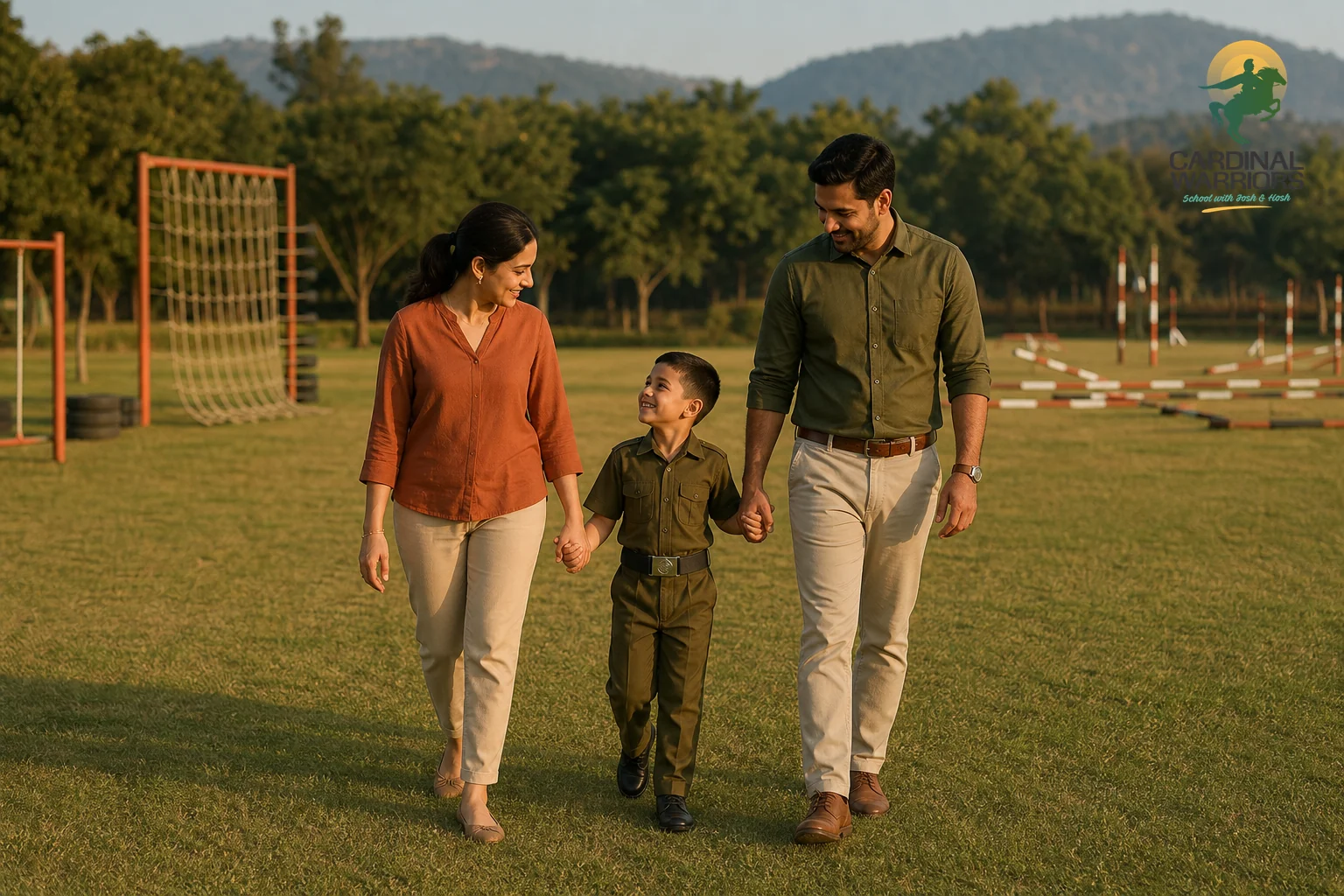 photorealistic photo of a family with a young child in a military school uniform walking together on a green five-acre residential school campus in Nimora, Raipur, Chhattisgarh, with obstacle course equipment visible in the background, warm