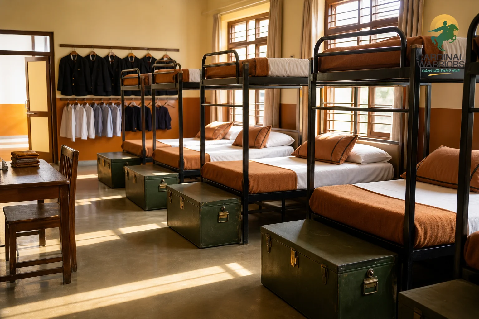 photorealistic photo of a clean, orderly boarding school dormitory in India with neatly made bunk beds, olive-green trunks at the foot of each bed, morning light through windows, warm earthy tones of brown and ochre (#b55711, #d9782c) in