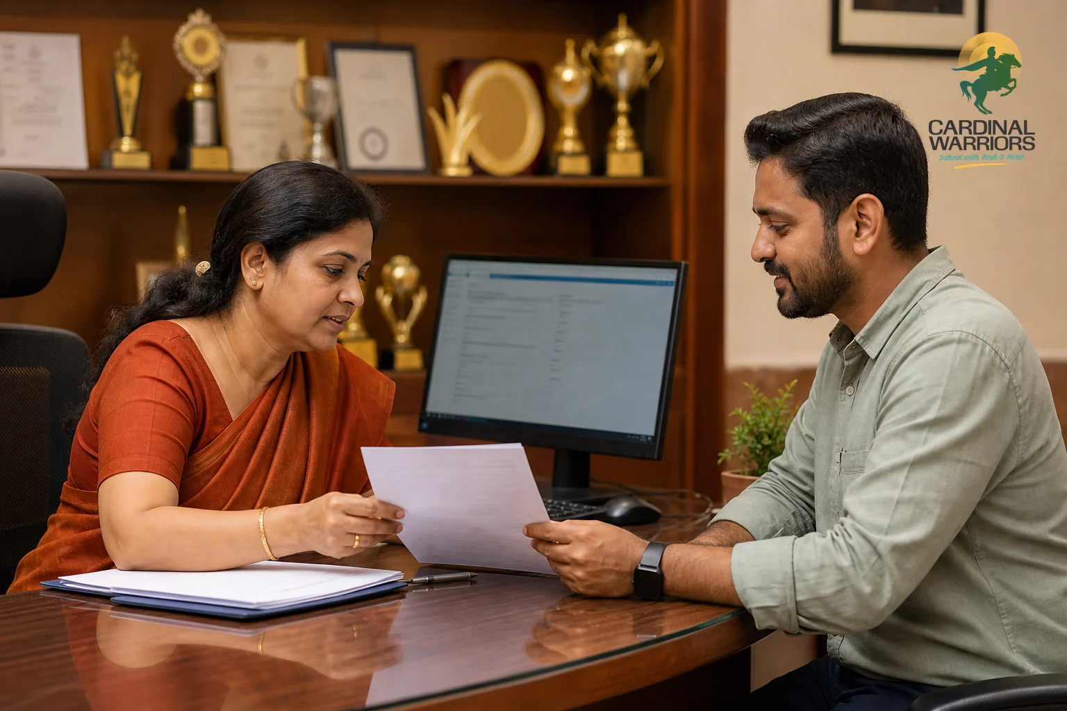 Parent reviewing paperwork with school admissions staff at a front desk, reflecting fee transparency and digital payment. photorealistic photo of a parent and a school administrative staff member reviewing a printed document together at a