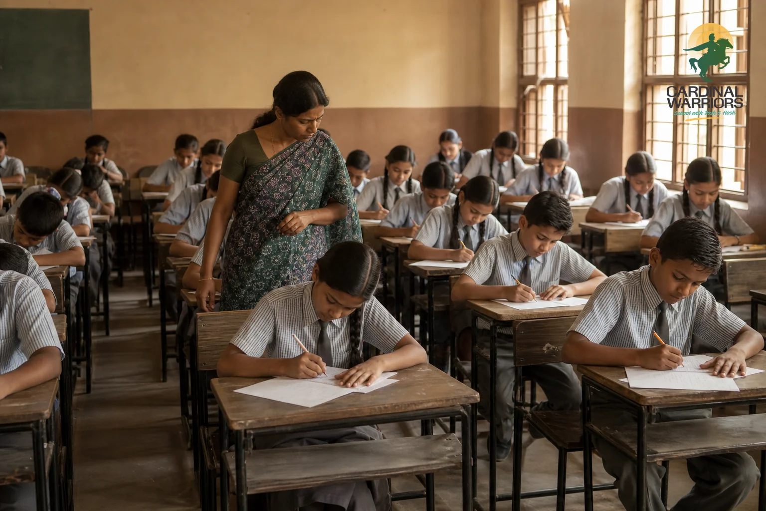 Exam hall scene with young students writing a written test under supervision. photorealistic photograph of a classroom exam hall in India with rows of pre-teen students in uniform seated at individual desks writing on answer sheets, a