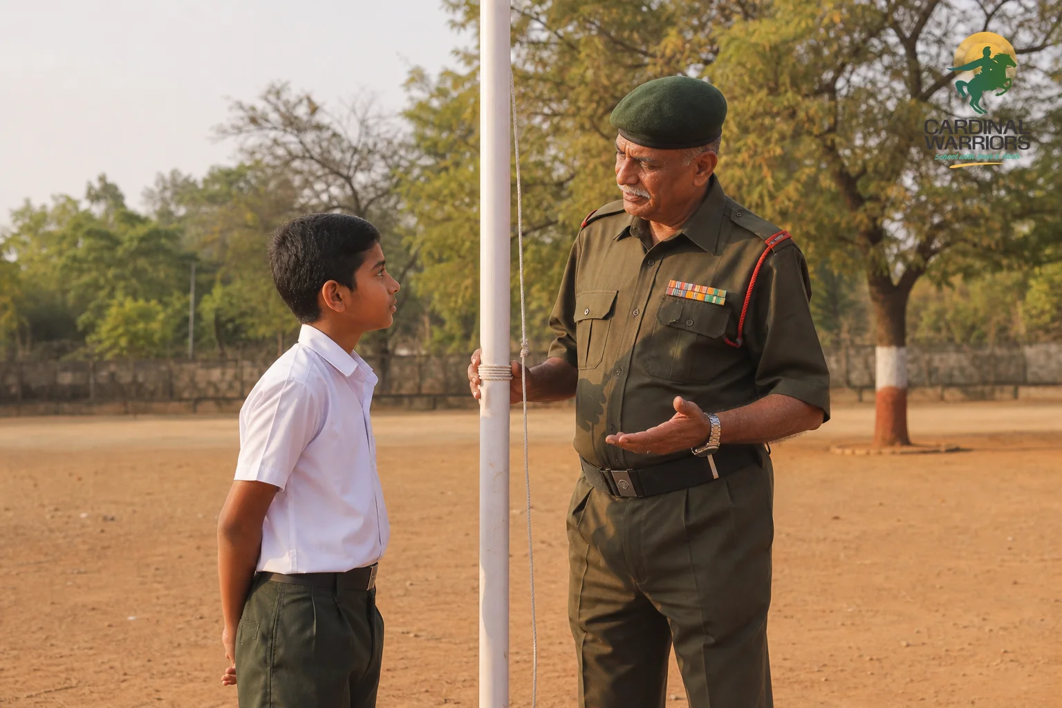 A retired military officer mentoring a young student outdoors on a school campus, representing viva and personality preparation. photorealistic photograph of a senior Indian military-veteran instructor in olive uniform talking to a young