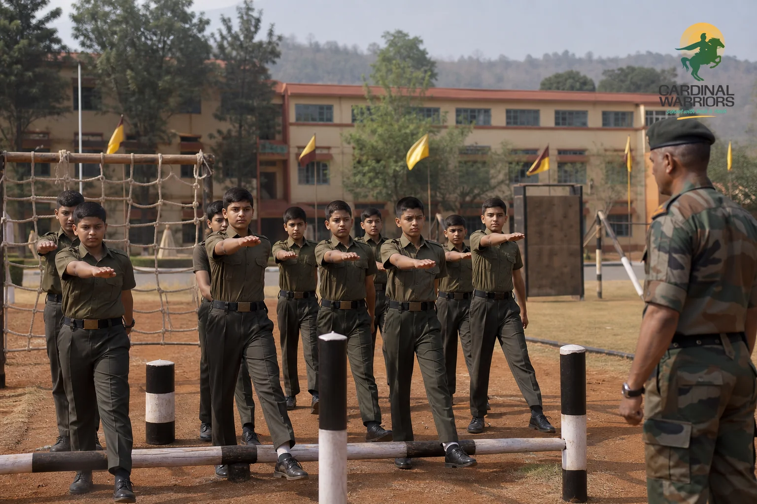 Pre-teen cadets aged around 11-13 practicing a drill or obstacle course exercise, showing structured training for RIMC/RMS aged students. Photorealistic photo of a group of pre-teen students aged 11 to 13 wearing military-style school