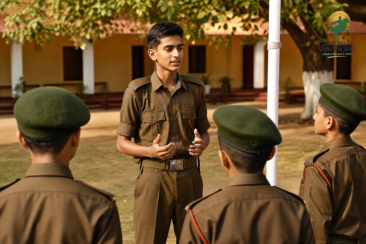 Photorealistic photo of a teenage cadet around 16 years old wearing a military school uniform, standing confidently and briefing a small group of younger cadets outdoors near a flagpole on an Indian boarding school campus, warm afternoon