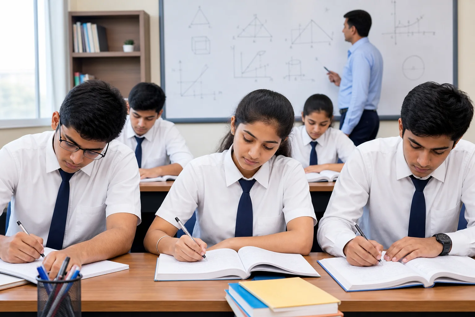 Students in school uniform studying at desks in a bright classroom, preparing for NDA, NEET, and JEE entrance exams