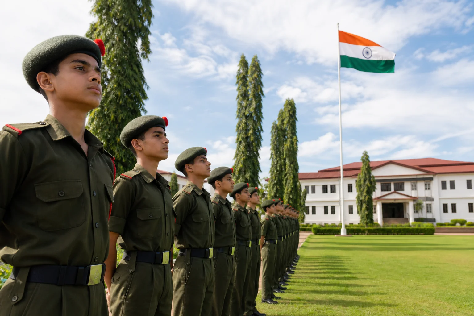 Cadets in olive-green uniforms standing in disciplined formation on a military school campus in India with the Indian flag in the background