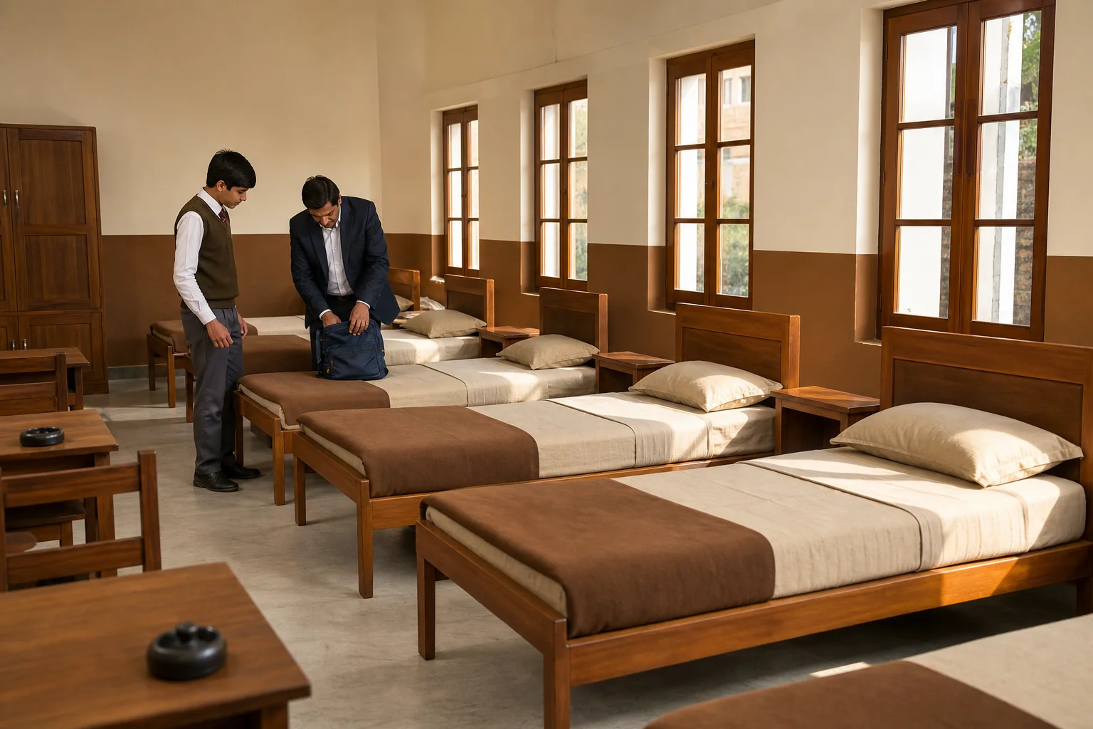 Warden checking on a student in a clean, orderly boarding school dormitory