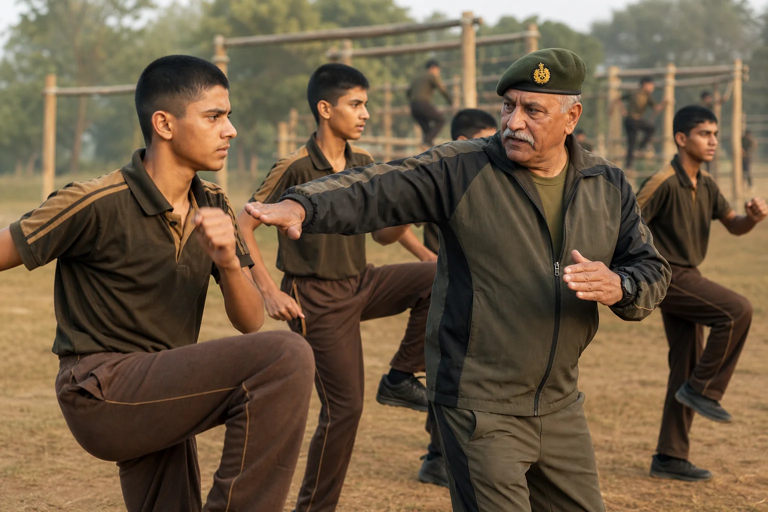 Retired Army instructor guiding students through physical training drills on a school field