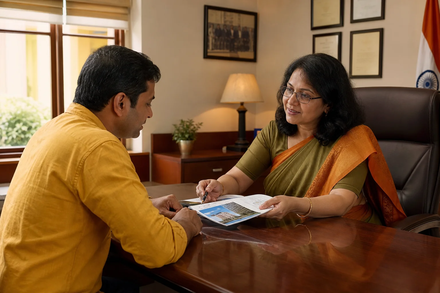 Parent reviewing an admission checklist and campus documents with a school administrator