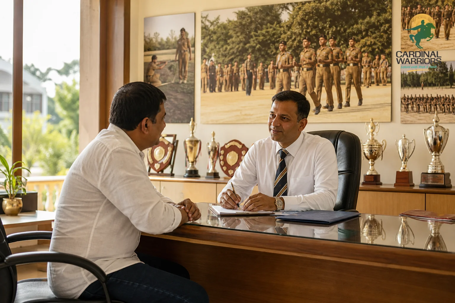 Parent touring the campus and speaking with admissions staff. photorealistic: A parent in casual Indian attire in conversation with a school admissions staff member at a reception desk of a residential military school, campus posters and