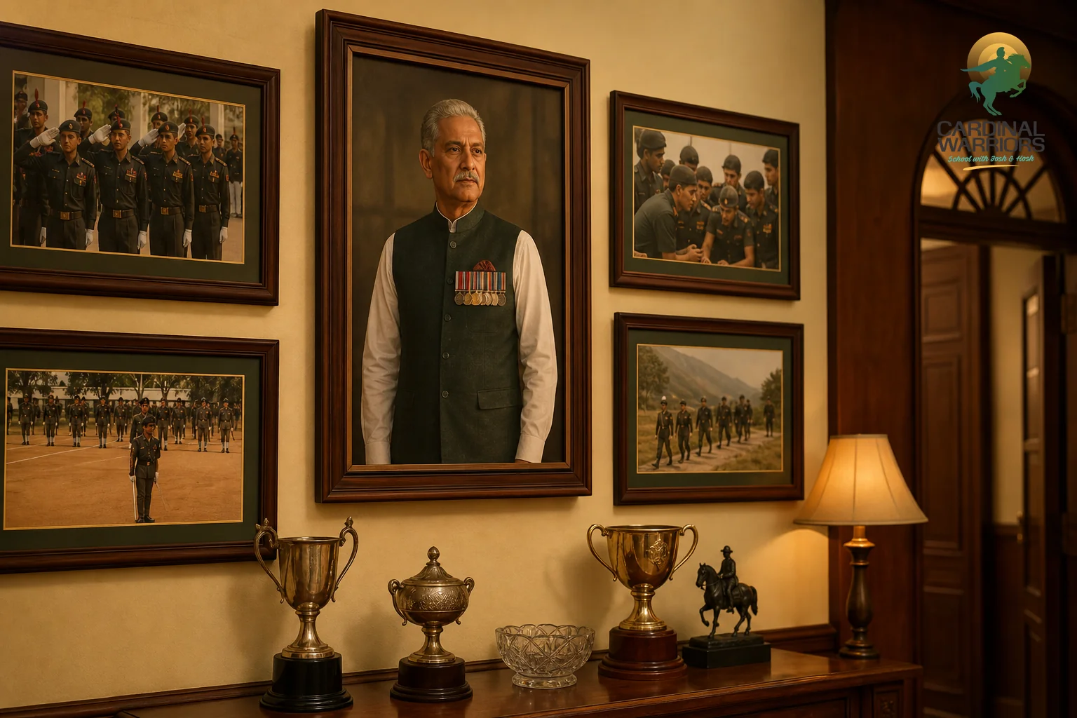 photorealistic: An indoor wall gallery inside an Indian military-style school building, framed portrait photographs of a senior army-veteran school director in uniform-inspired attire, alongside cadet event photos and trophies on a wooden
